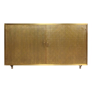 Julian Chichester Fry Cabinet With Ochre Vellum Wrap and Fishscale Brass Doors For Sale