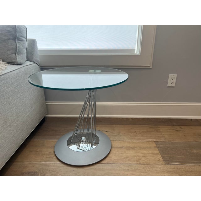 Naos Gemellino round side table, purchased from Cantoni in Dallas. Made in Italy. The design combines a clear glass top...