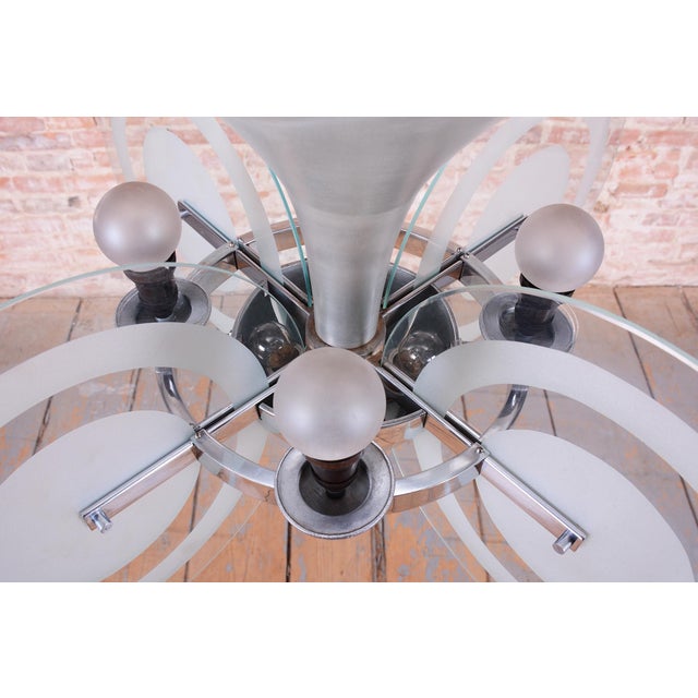 Silver Bauhaus Chandelier in Chrome and Sandblasted Glass from F. Anýž, Czech, 1930s For Sale - Image 8 of 17