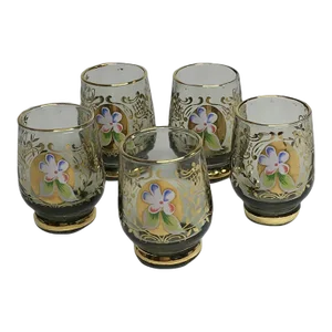 1980s Bohemian Cordials Liquor Glasses Smokey Glasses with Hand Painted Gold Venetian 24kt Accents- Set of 5
