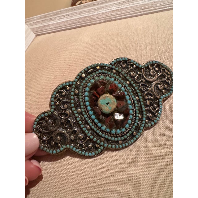 1990s Vintage Heavy Brass Buckle With Turquoise & Inset Stones, Used -Great Shape For Sale - Image 5 of 12
