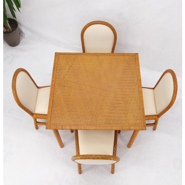 Mid 20th Century Leather Basket Weave Wicker Style Square Dining Room Table 4 Chairs Glass Top For Sale - Image 5 of 18