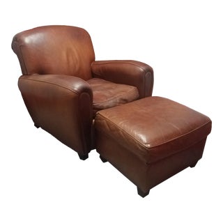 Mitchell Gold Brown Leather Contemporary Club Chair With Ottoman For Sale