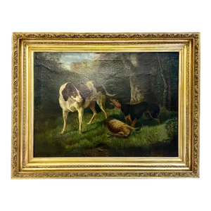 Antique Hunt Scene Dogs in the Forest Painting