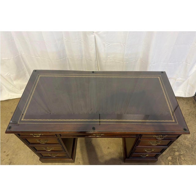 Vintage Sligh Furniture Chippendale Mahogany and Tooled Leather Top Partners Desk With Glass For Sale - Image 15 of 18