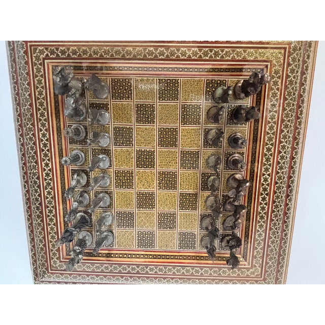 Vintage Persian Khatam Marquetry Chess Set With Figural Metal Pieces, Circa 1950 For Sale - Image 12 of 18