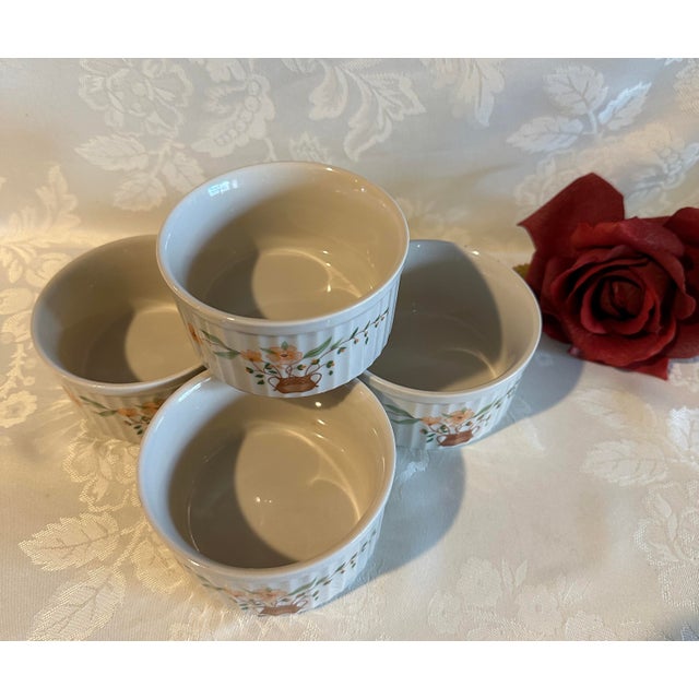 Japanese Vintage 1980 Countryside Stoneware Collection Souffle/Ramekin Dessert Dish Floral Basket - Set of 4 For Sale - Image 3 of 10