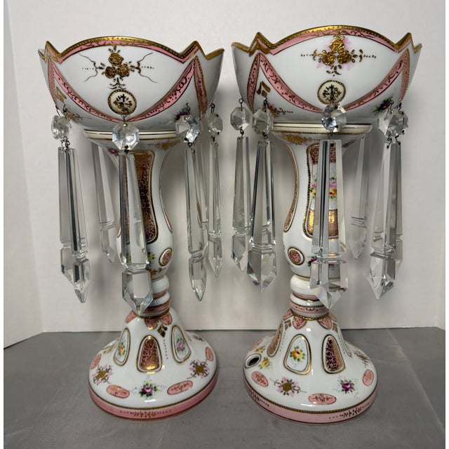Victorian Vintage Occupied Japan Porcelain Mantle Lustre Lamp Bases W/ Crystal Spear Prisms - Pair For Sale - Image 3 of 10