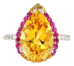 6.25 Carat Citrine Pink Sapphire Diamond White Gold Cocktail Ring, Size 7