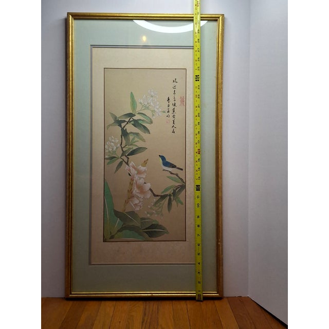 1885 Meiji-Era Japanese Kacho-E Silk Hanging Scroll: Bird & Gardenia Provenance For Sale - Image 4 of 9