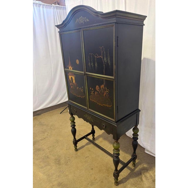 Antique Art Deco Chinoiserie Black and Green Hand Painted Drop Front Desk For Sale - Image 9 of 14