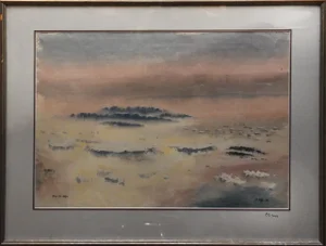 1990s Ethereal Landscape: Watercolor Sky and Mist Painting, Framed