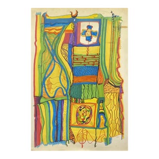 Vintage 1980 Colorful Abstract Watercolor and Pen Painting For Sale