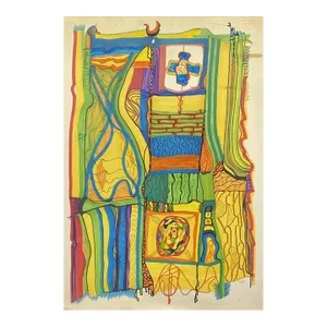 Vintage 1980 Colorful Abstract Watercolor and Pen Painting