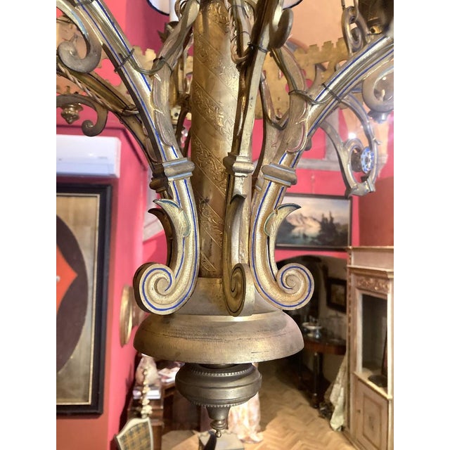 Large 19th Century Italian Gothic Revival Gilt Bronze and Enameld 12 Candle Lights Chandelier For Sale - Image 17 of 18