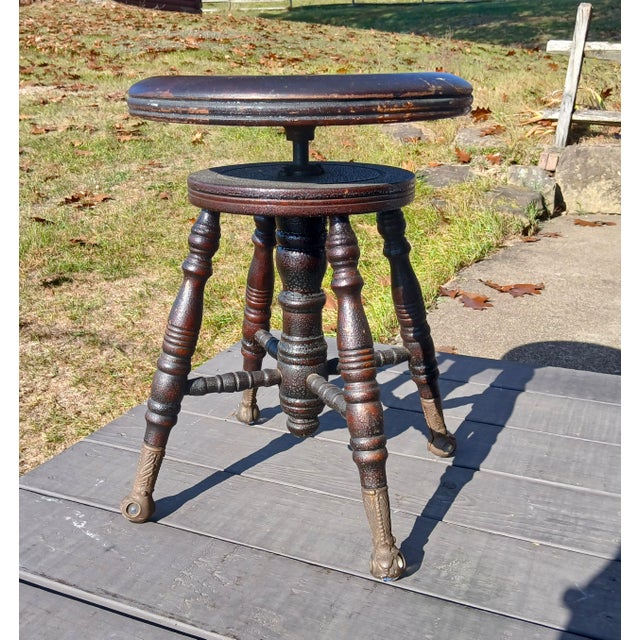 Victorian Early 1900s Antique Chas Parker Meriden Ct Mahogany Organ or Piano Stool Iron With Glass Feet For Sale - Image 3 of 18