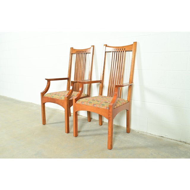 Mission Stickley Arts & Crafts Cherry Wood High Back Spindle Armchairs, Pair For Sale - Image 3 of 13