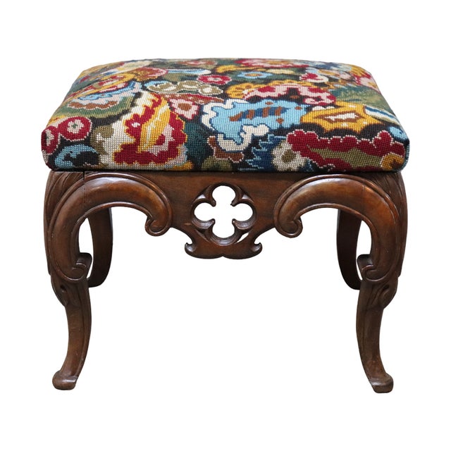 Rococo Carved Walnut Floral Needlepoint Footstool C1880 For Sale - Image 4 of 13