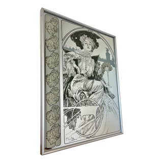 Vintage Art Nouveau Mirror with Christmas Noel Motif by Alphonse Mucha, 1960s For Sale