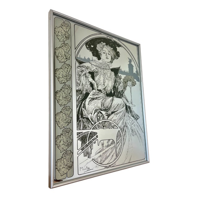 Vintage Art Nouveau Mirror with Christmas Noel Motif by Alphonse Mucha, 1960s For Sale