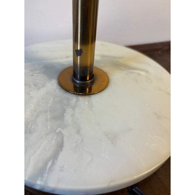 Mid-Century Modern Vintage Brass-Tone Swing Arm Table Lamp With White Marble Base and Linen Shade For Sale - Image 3 of 5
