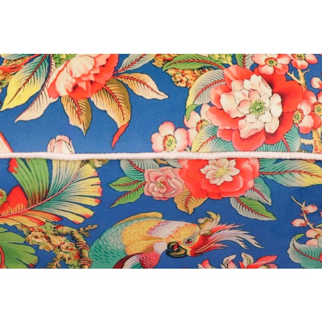 2010s Shabby Chic Edwarain Bird Print Velvet Handmade Ottoman For Sale - Image 5 of 10