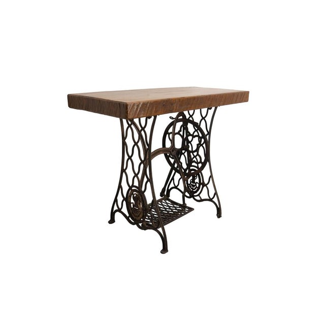 Vintage French Wrought Iron and Oak Side Table with Sewing Machine Base, 1960s For Sale - Image 4 of 10
