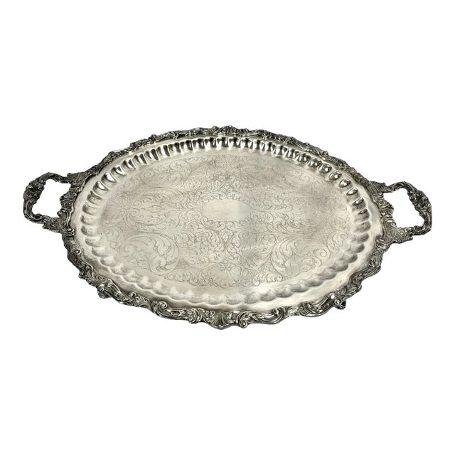 Vintage Ornate Sheridan Silver Double Handle Footed Butler's Tray For Sale