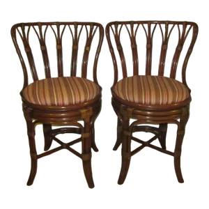 1980s Tommy Bahama Style Bamboo Rattan Upholstered Swivel Bar Stools- Set of 2