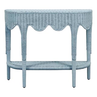 Matthew Izzo Home Paloma Light Blue Rattan Demi Luna Console Table For Sale