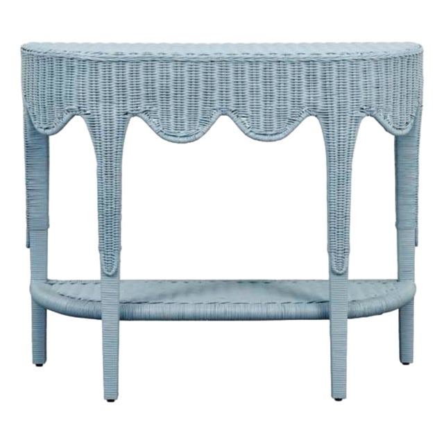 Matthew Izzo Home Paloma Light Blue Rattan Demi Luna Console Table For Sale