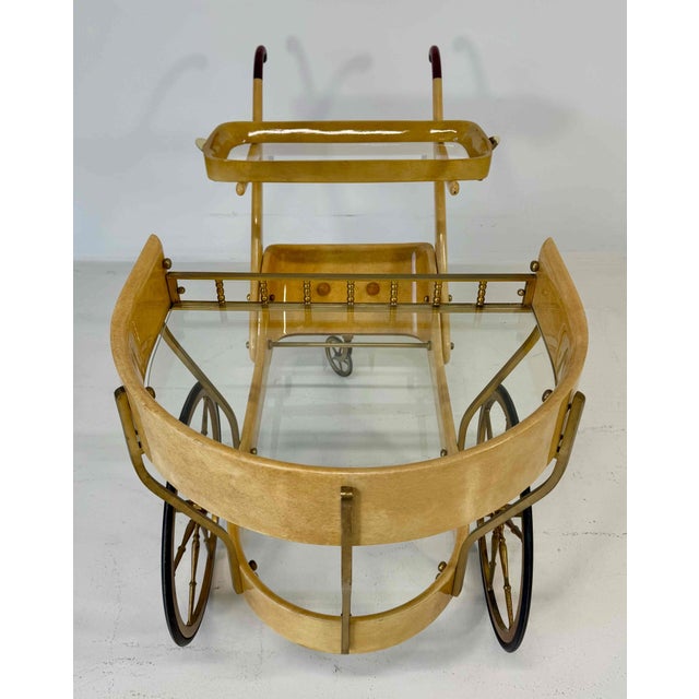 Aldo Tura Vintage Italian Bar Cart in Parchment and Brass by Aldo Tura, 1960s For Sale - Image 4 of 9