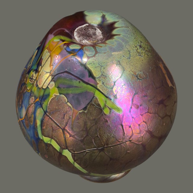 Glass Vintage Studio Hand Blown Iridescent Art Glass Vase For Sale - Image 7 of 8