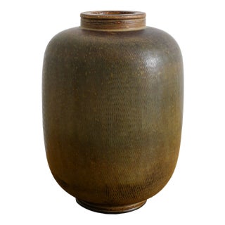 Mid-Century Modern Swedish Brown Green Stoneware Farsta Vase Urn by Wilhelm Kåge for Gustavsberg, Sweden, 1940s For Sale