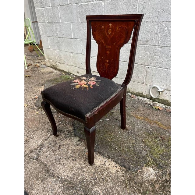 19th Century Antique Victorian Style Mahogany Marquetry Inlaid Needlepoint Side Chair For Sale - Image 4 of 12