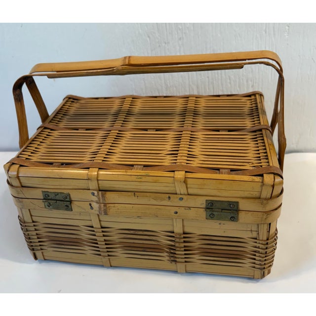 Boho Chic Vintage Boho Bamboo Lidded and Handled Basket For Sale - Image 3 of 8