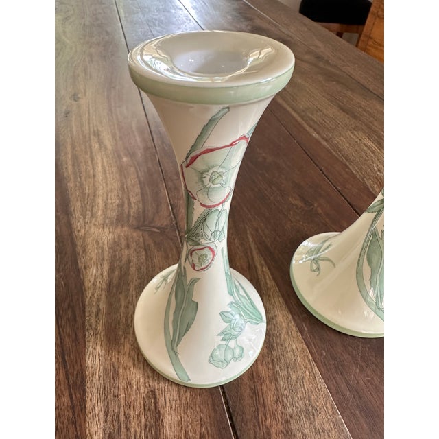 1990s Pair of Halcyon Days Candlesticks Green Hellebores Design From 1915 Mackintosh Drawing For Sale - Image 5 of 8