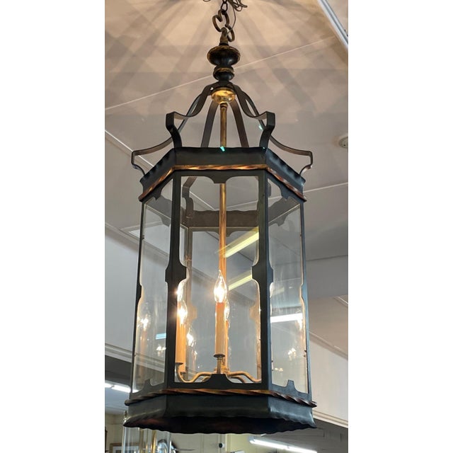 1990s Large 6 Light Regency Style Wrought Iron Black & Gold Chandelier Lantern For Sale In New York - Image 6 of 10