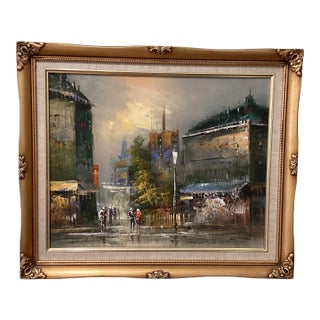 Vintage Impressionist Oil Painting on Canvas Parisian Street Scene Signed Framed For Sale