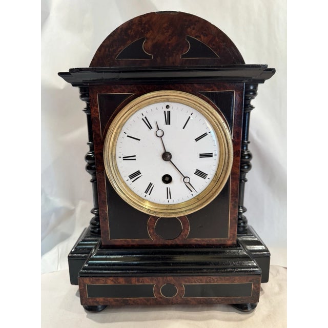 19th Century French Mantel Clock With Ebonized Wood and Burled Inlay For Sale - Image 4 of 11