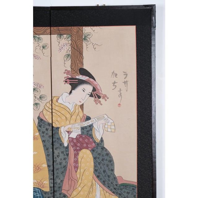 1980s Japanese Byobu 4-Panel Folding Screen Geishas For Sale - Image 9 of 11