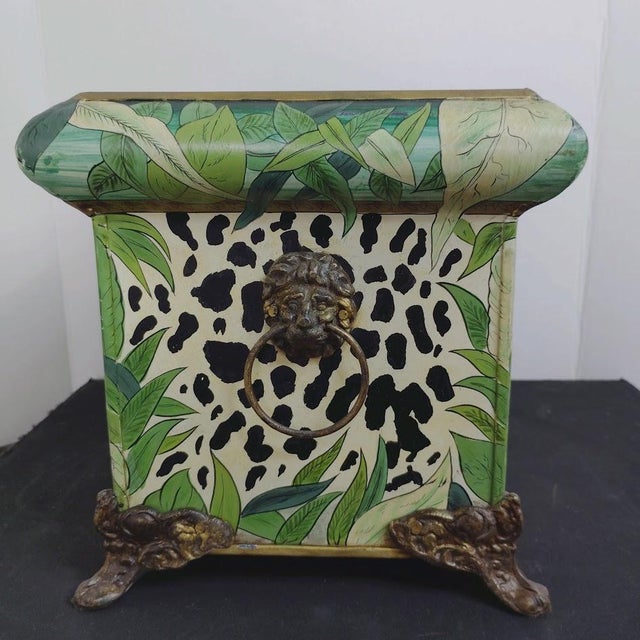 Metal Vintage John Richard Jungle Leopard Print Tole Metal Planter Cachepot W/Brass Lion Head Rings Ornate Feet For Sale - Image 7 of 10