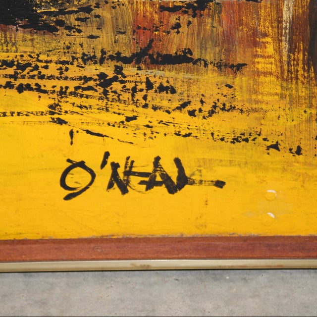 Large mid century painting of vertical building lining a canal and boat. Thick, impasto textures. Condition: Very good...