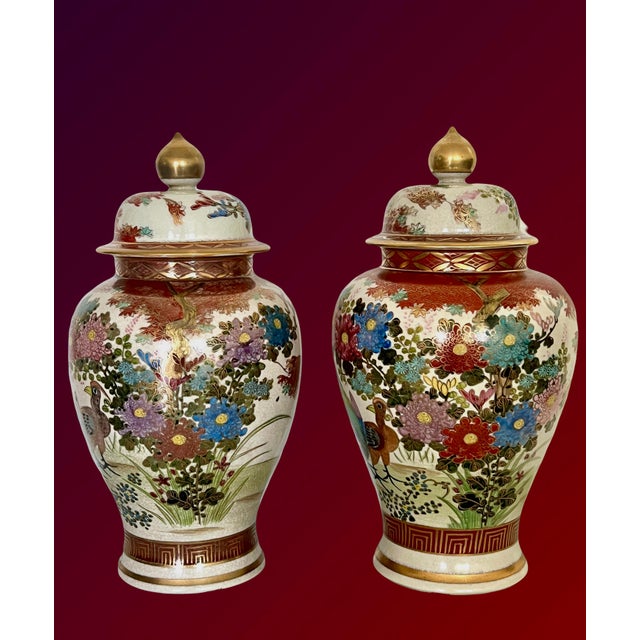 Metal Large Antique Japanese Lidded Ginger Jars With Whimsical Exotic Birds, Flowers & Gilt Accents, a Pair - Shimazu Family For Sale - Image 7 of 15