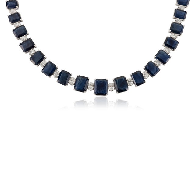 Not Yet Made - Made To Order VRJewels 47.64Ct Blue Sapphire & 6.19Ct Diamond Tennis Necklace in 18k White Gold For Sale - Image 5 of 14