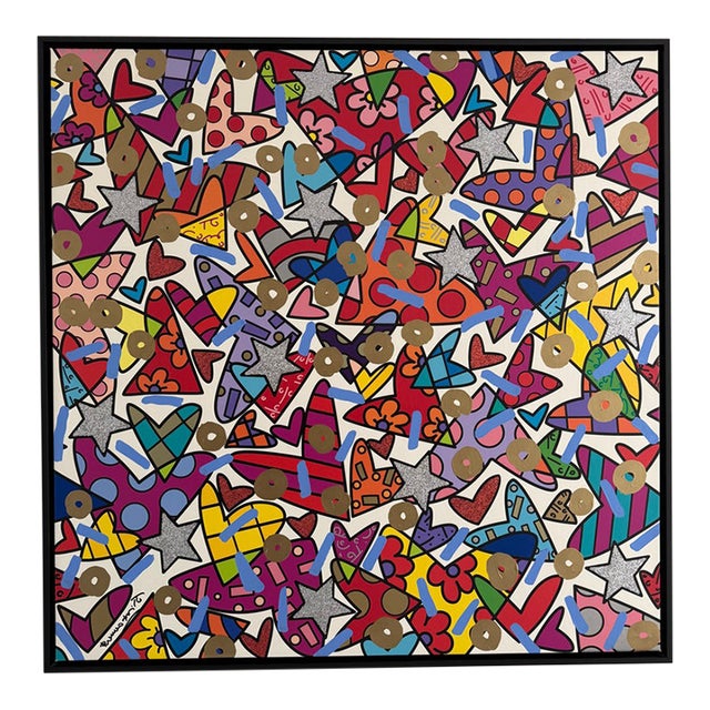 Framed, Signed Mixed Media Romero Britto Original For Sale