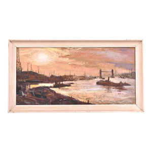 Vintage George Schwacha Oil on Board Nautical Bay Boat Expressionism Painting