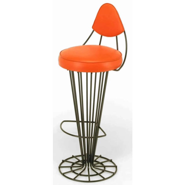 Mid-Century Modern Set of Four Sculptural Black Wrought Iron and Persimmon Bar Stools For Sale - Image 3 of 10