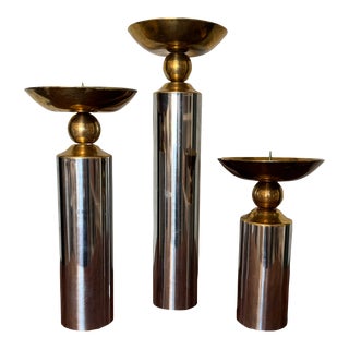 Mid 20th Century Danish Modern Chrome and Brass Candle Holders in the Style of Karl Springer- Set of 3 For Sale