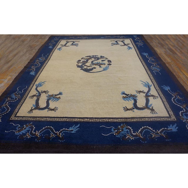 Chinese 1900s Traditional Beige Field Imperial Dragon Antique Chinese Peking Knotted Rug For Sale - Image 3 of 8